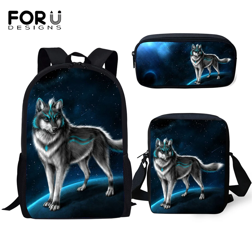 FORUDESIGNS/модные детские школьные рюкзаки с рисунком лунного волка, детские школьные сумки с героями мультфильмов, комплект из 3 предметов, сумки для книг/сумки с откидным клапаном/пеналы для ручек