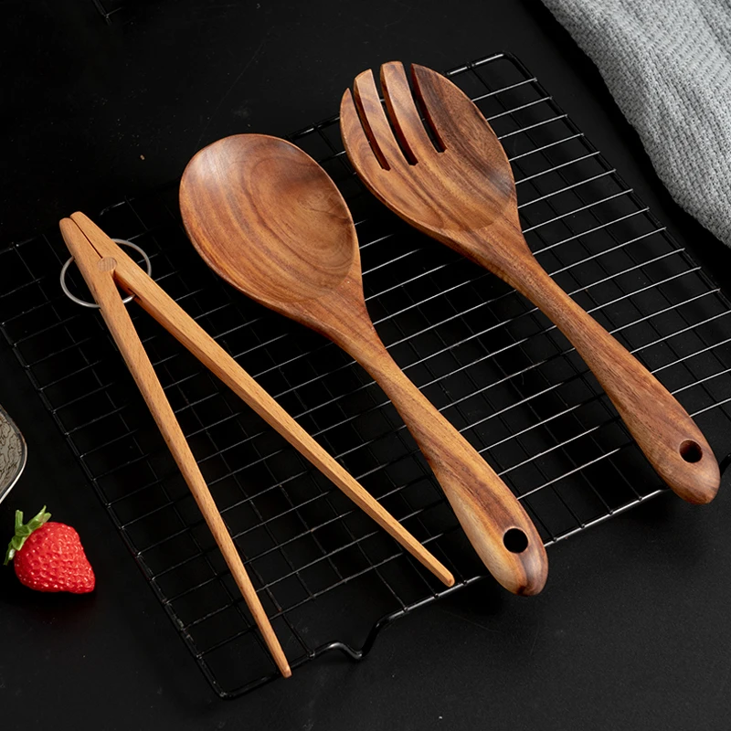 

Kitchen Cooking Utensils Large Wooden Spoon Fork Set BBQ Tongs Fruit Food Serving Tongs Salad Spoon Set Wooden Cooking Tools