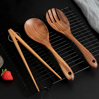 

Kitchen Cooking Utensils Large Wooden Spoon Fork Set BBQ Tongs Fruit Food Serving Tongs Salad Spoon Set Wooden Cooking Tools