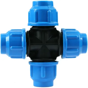 

25mm Diameter Plastic Polypropylene Quick Connector Cross Type 4 Ways Blue Black Caps Adapter PE Pipe Fittings for Irrigation