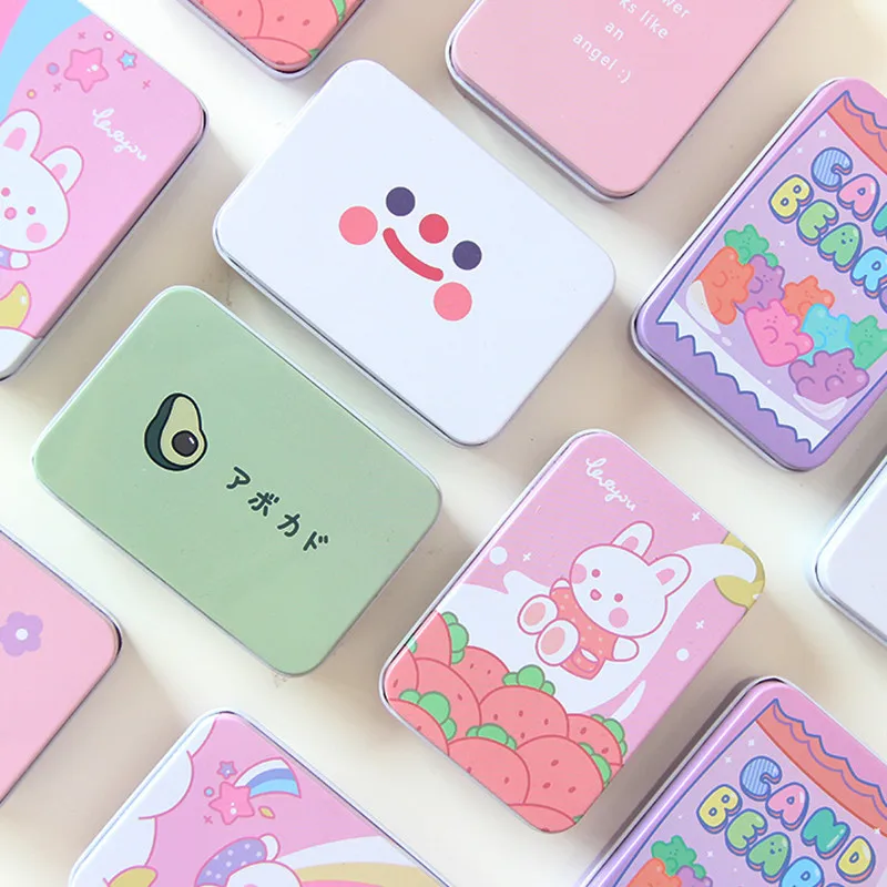 

1 Pcs Cute Korean Stationery Avocado Rabbit Bear Flower Square Metal Washi Tape Jewelry Storage Box Desk Organizer Card Holders