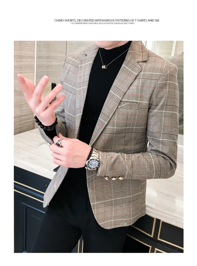 Осенние серые клетчатые блейзеры мужской костюм Slim Fit бизнес Veste Homme костюм Vestidos De Novia Мужская офисная куртка в клетку