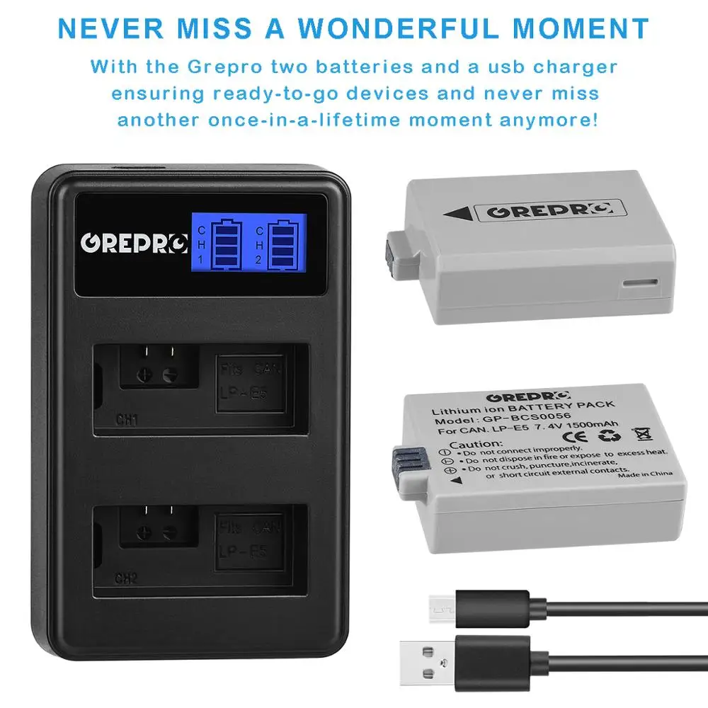 GREPRO 1500 мАч LPE5 LP-E5 LP E5 цифровой аккумулятор+ ЖК USB двойное зарядное устройство для Canon 1000D 500D 450D Kiss X2 X3 F Rebel XSi Xli XS