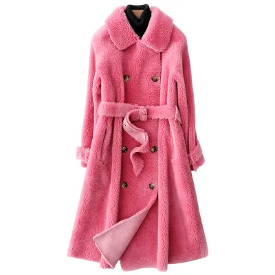 Rose red Зимнее длинное меховое пальто для женщин, новинка, высокое качество, двубортное, теплое, гранулированное, Овечья стрижка, пальто, женская меховая куртка, элегантное пальто - Цвет: Rose red