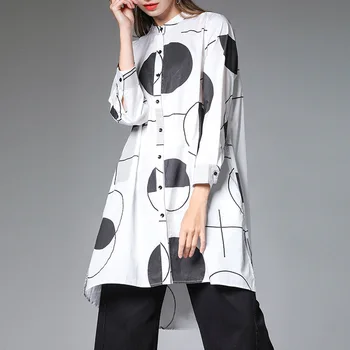 

SuperAen 2020 Spring New Plus Size Slim Fashion Mid-Length Cotton Printed Full Stand Blouse Women