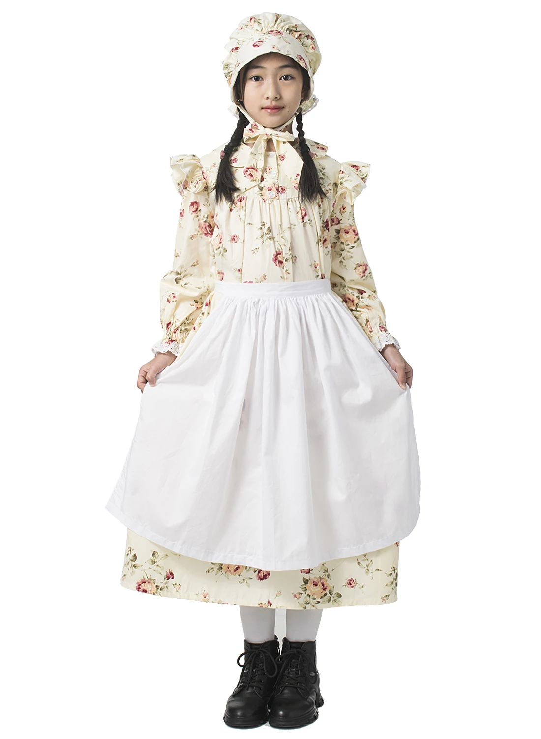 Reenactment Women Dress Colonial Costume Dress Pioneer Puritan Bonnet Apron Suit 