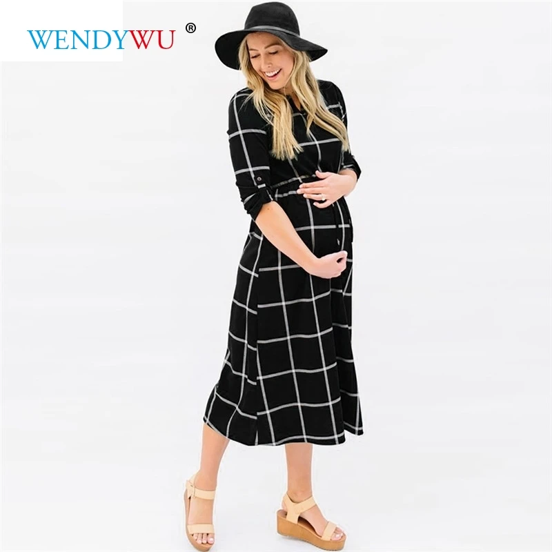 WENDYWU/клетчатое платье для беременных; платья с длинными рукавами для фотосъемки; Одежда для беременных женщин; Koszula Nocna Ciazowa