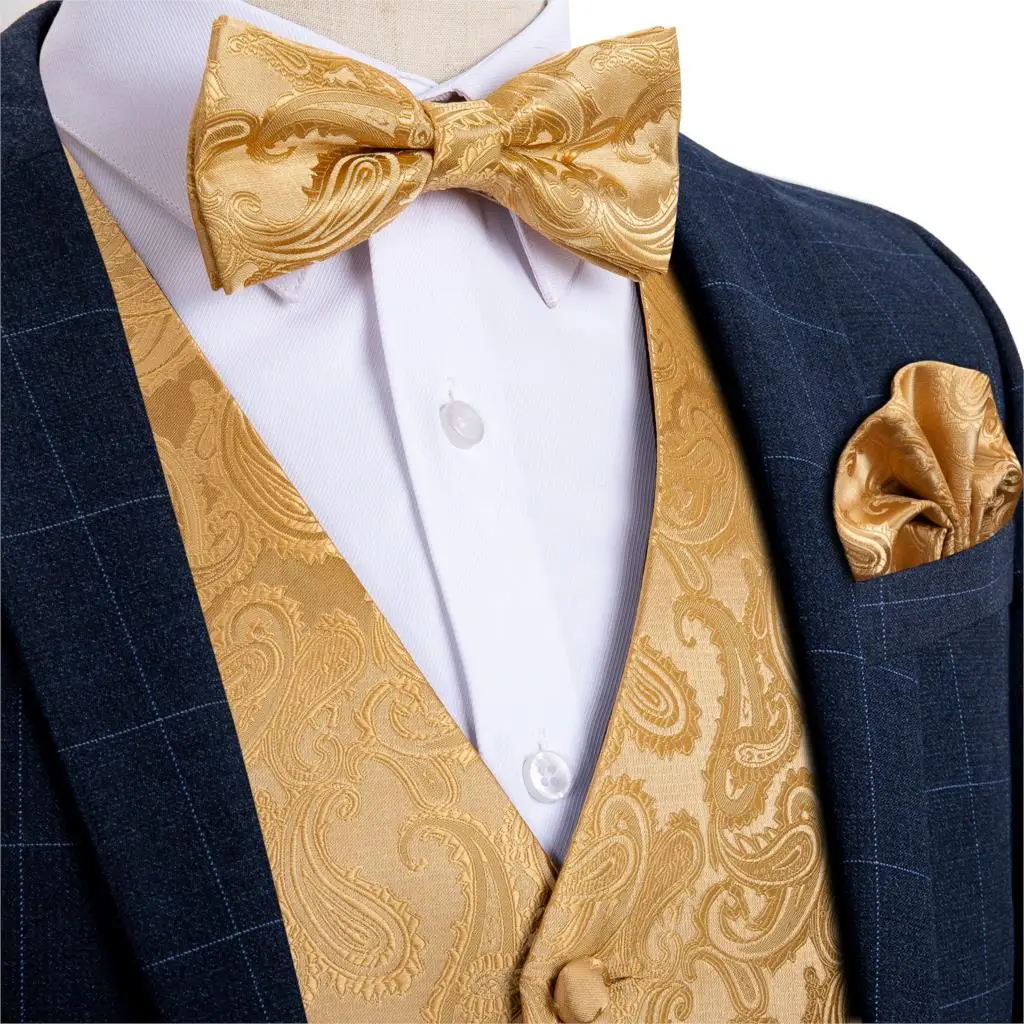 Мужской золотой Пейсли Модный Свадебный Мужской Шелковый жилет Галстуки носовой платок запонки набор галстуков для костюма смокинг DiBanGu MJ-112 - Цвет: MJ-112