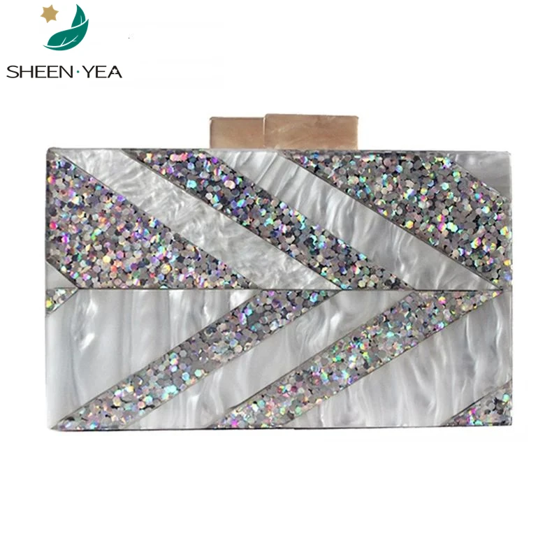 

Brand new fashion vintage elegant lady handbag Designer bolsa feminina striped patchwork acrylic evening bag bling luxury clutch
