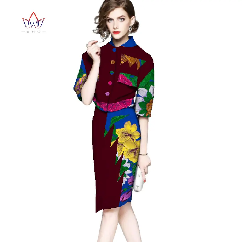 Африканские платья для женщин Дашики o-образным вырезом печати топы и юбки набор Повседневный Базен Riche Африка длиной до колен хлопок юбка костюм WY2687 - Цвет: 12