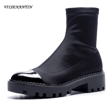 

Elastic Patent Leather Slip-on Socks Boots Women Vintage Autumn Round Toe Ankle Boots Thick Heel Chunky Sole Flat Platform Shoes