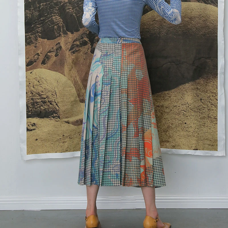 CHICEVER плиссированная клетчатая Женская юбка с принтом контрастный цвет полубоди высокая эластичная талия юбка женская модная весенне-осенняя