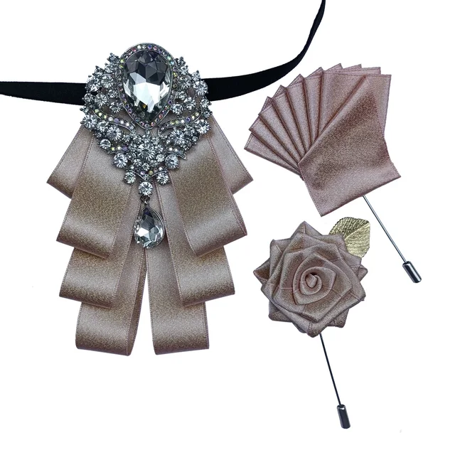 British New Fashion Men's Wedding Performance Groom Wedding-Party Flower Collar Bow Tie Pocket Towel Square Set Men Accessories PINK SET-WHITE1