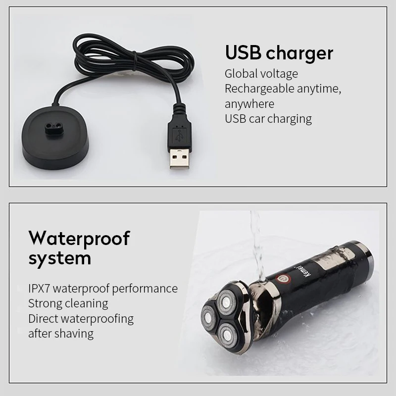 Kemei, USB перезаряжаемая бритва, бритва для бороды, моющаяся, тройное лезвие, 3D плавающие электрические бритвы, ЖК-дисплей, для мужчин, триммер для бороды