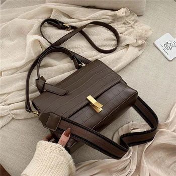 

Burminsa Vintage Stone Pattern Shoulder Bags For Women Wide Strap Ladies Messenger Bags Lock Design PU Leather Handbags NEW 2020