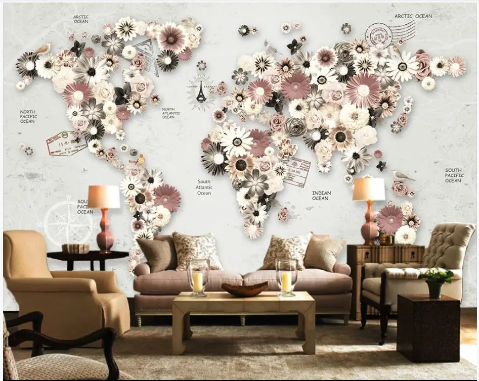 

3d wallpaper custom mural photo Flowers paved the world map living room home decor 3d wall murals wall paper for walls 3 d