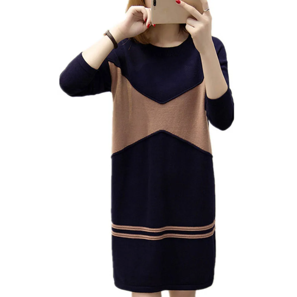 Горячее предложение, осенне-зимнее модное женское платье с длинным рукавом в стиле пэчворк, круглый вырез, свободное платье средней длины, акриловое женское платье, Новинка для женщин