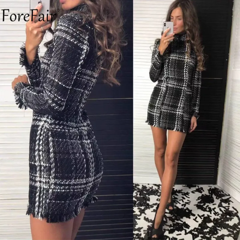 Gray White Forefair водолазка в клетку твидовое платье с длинным рукавом Мини Элегантные винтажные осень зима офисные пикантные вечерние красные Клубные платья - Цвет: Gray White