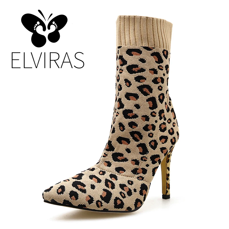 

ELVIRAS Women's Boots Pointed Toe knitting Leopard Ankle Boots Thick Heel High Heels Shoes Woman Female Socks Boots