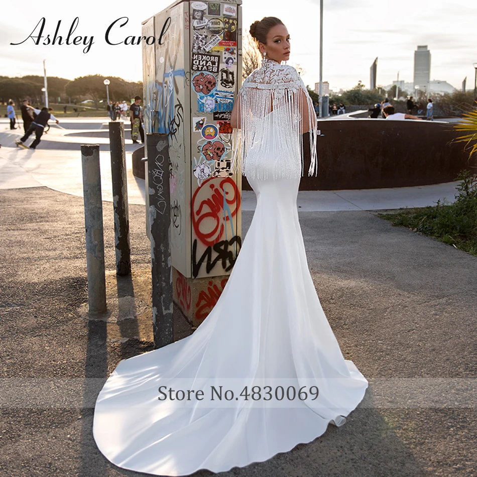 Ashley Carol романтическое свадебное платье русалки роскошное вышитое бисером кружевное атласное винтажное свадебное платье с высоким декольте Robe De Mariage