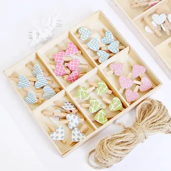 

30PCS Heart-Shaped Wooden Photo Clips + 1 Roll 10m Jute Twine + 6PCS Non-trace Nails Hanging Photos DIY Craft Decoration Kit