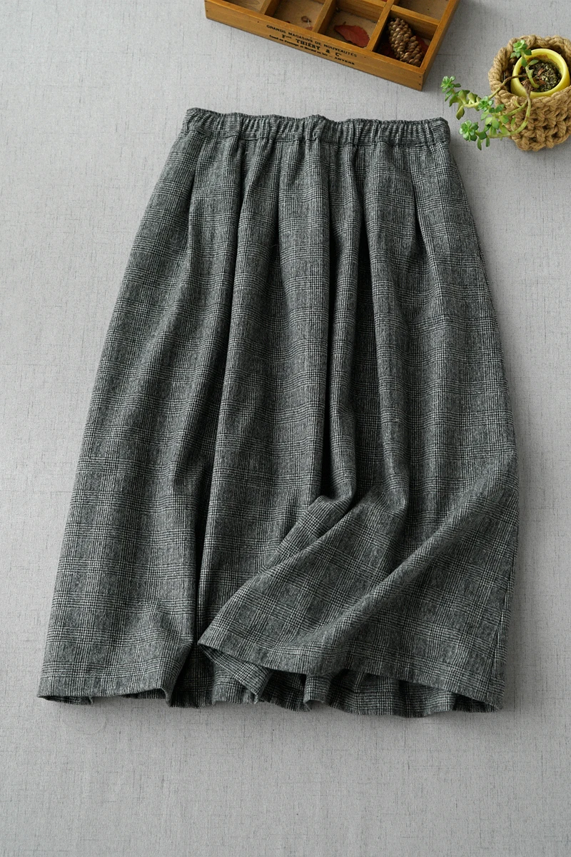 Spring Autumn Women Casual Loose Plus Size Japanese Style Comfortable Elastic Waist All-match Houndstooth Woolen Skirts 2 Colors