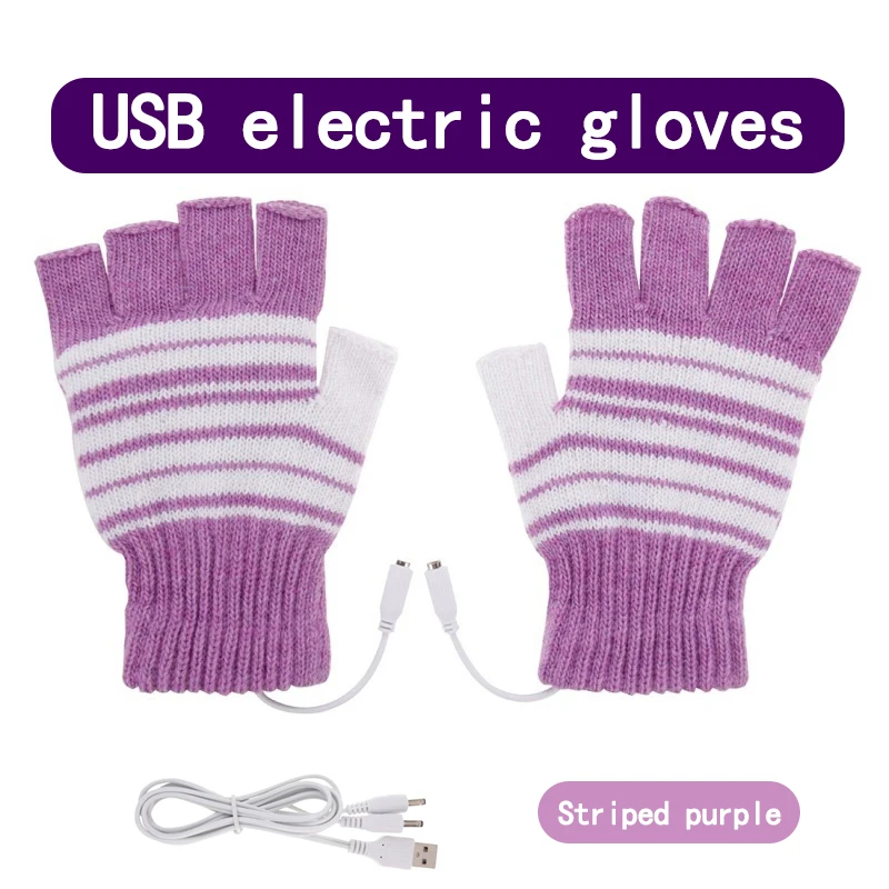 Purple 1 пара, USB перчатки с подогревом, полосатые вязаные рукавицы, теплые руки, зимние теплые грелки для рук, электрогрелки, перчатки унисекс - Цвет: Purple
