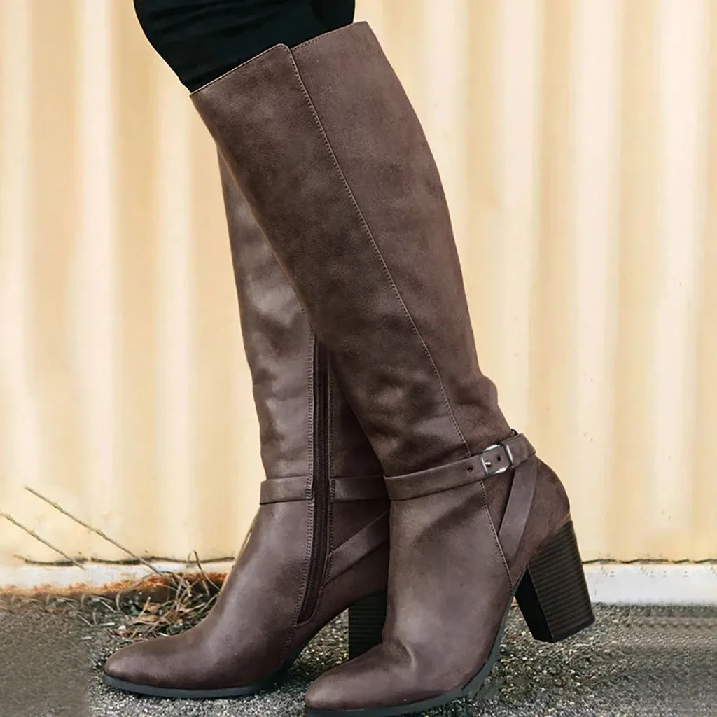 Однотонная обувь на молнии в стиле ретро женские высокие рыцарские сапоги до колена с круглым носком осенне-зимние сапоги женская кожаная обувь Buty Damskie