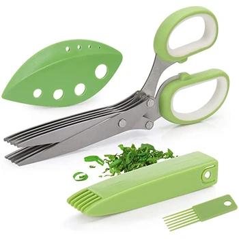 

Herb Scissors with 5 Blades Kitchen Gadgets Cutter Chopper and Mincer Multipurpose Kitchen Scissors with Cover Brush Leaf Peeler