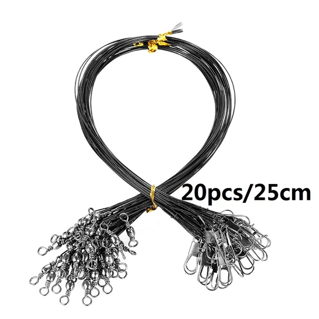20PCS Anti Bite Steel Fishing Line Steel Wire Leader With Swivel Fishing Accessory Lead Core Leash Fishing Wire 15CM-40CM Black 25cm