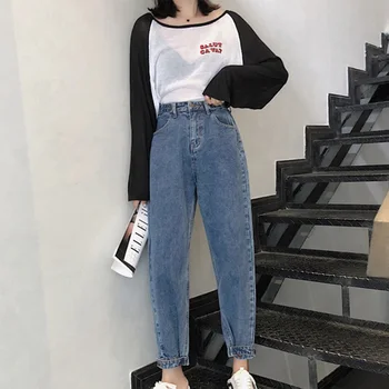 

Women's denim wide leg harem pants, autumn retro blue women's high waist pants 2020, winter fashion women's pants bodifrendas