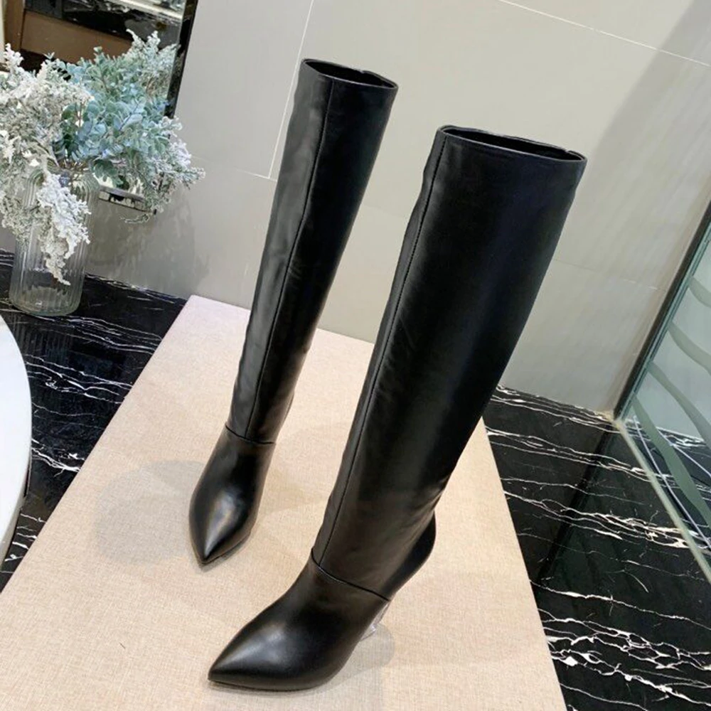 

Junetxin Women Winter Knee High Boots Super Wedges Heel Pointed Toe Boots Female Zipper Comfortable Warm Boot Transparent Bottom