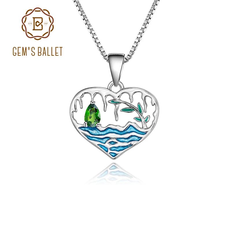 GEM'S BALLET Natural Chrome Diopside Gemstone 925 Sterling Silver Romantic Water and Waves Enamel Pendant Necklace for Women | Украшения