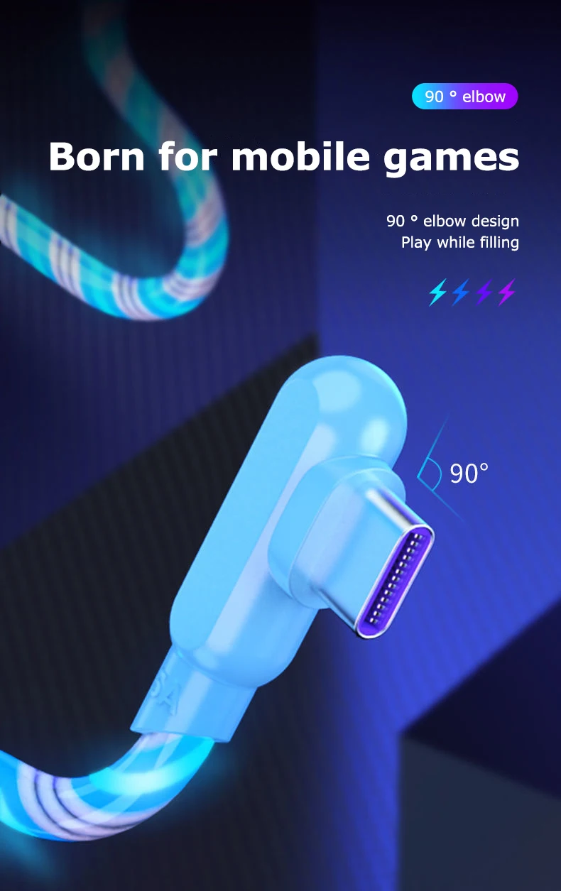 1m/2m 5A Elbow 90 degrees Fast Charging Cable For Samsung Huawei Micro USB Type C Flow Luminous Lighting LED Kable Data Cord fast charging cable for android