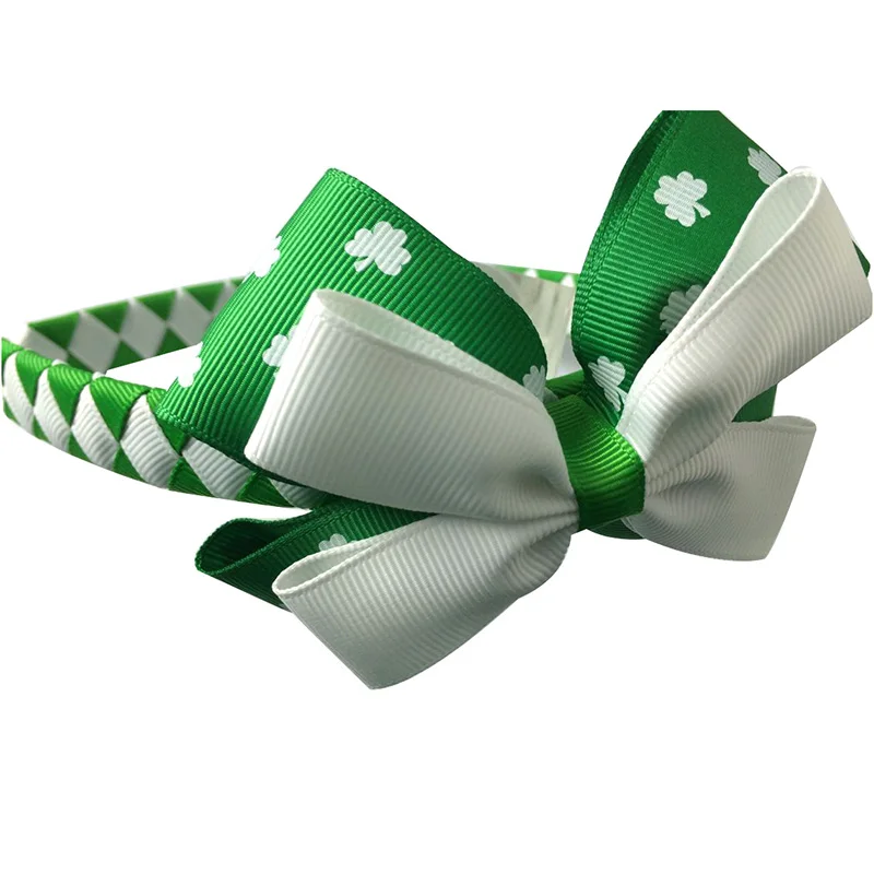 Мода День Святого Патрика Shamrock напечатанная лента большой бант оголовье для девочек повязки для волос, аксессуары для волос