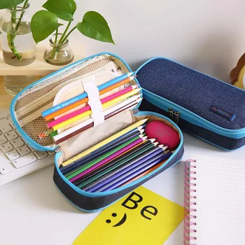 

Creative Simple Style Stationery Box Denim Large Capacity Pencil Case Canvas Pencil Bag Creative Multifunctional Stationery Box