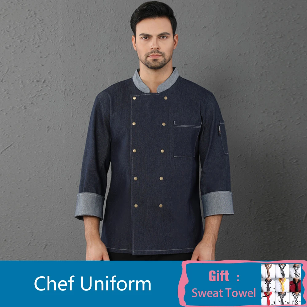 High Quality Denim Long Sleeve Chef Uniform Unisex Double Breasted Overalls Hotel Cafe Bakery Barber Shop Waiter Work Jacket - Цвет: Синий