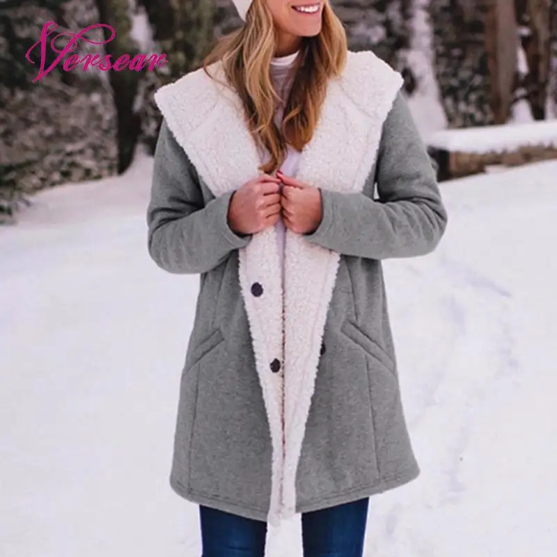 

Versear Women Winter Shaggy Outerwear Faux Fur Lining Hooded Coats Buttons Pocket Loose Casual Long Coat 2019 New Autumn Outwear