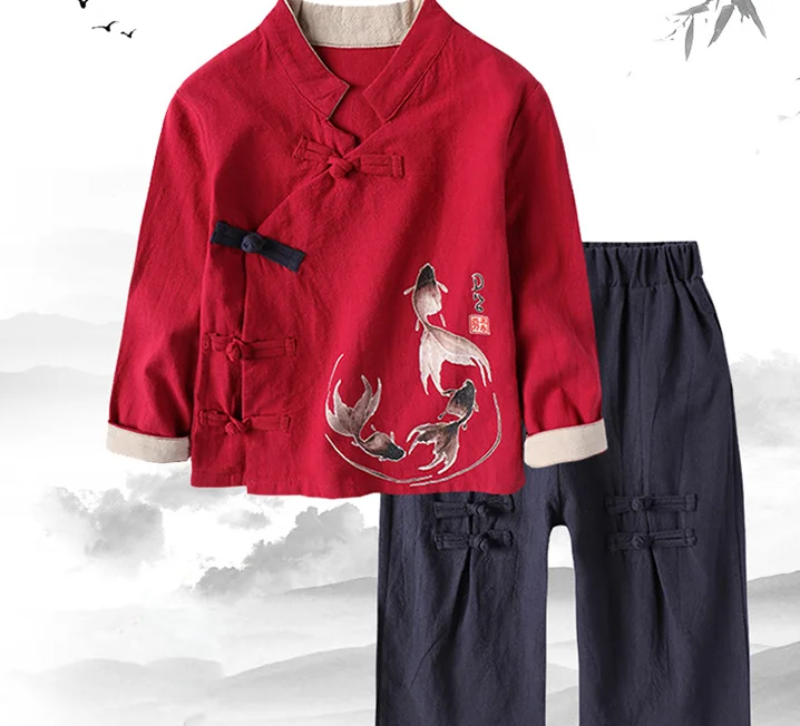 Традиционный китайский костюм Hanfu; Одежда для танцев с принтом золотой рыбки для мальчиков и девочек; Детский костюм с длинными рукавами; Рождественский подарок; ZL31