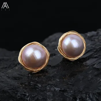 

5 Pair/Lot Baroque Gold Earstuds For Women,Fashion Handmade Round Pink Pearl Stud Earring,Women Engagement Pearl Earring YF-01