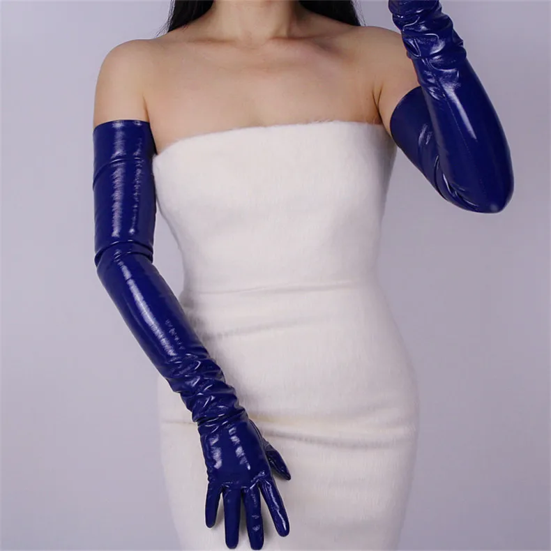 Удлиненные перчатки женские длинные секционные имитация кожи PU теплые женские лакированные кожаные перчатки ярко-темно-красные 70 см P56