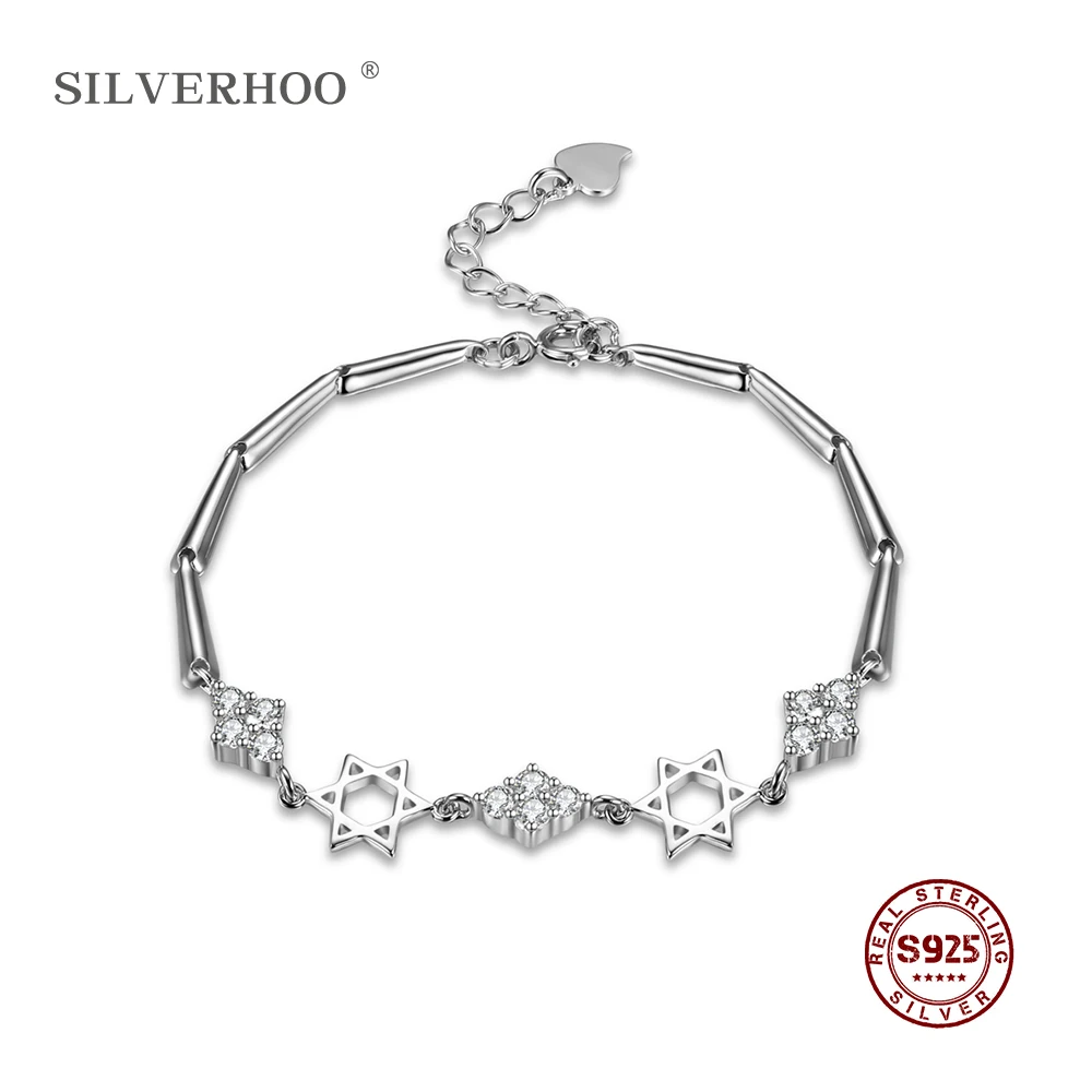 SILVERHOO браслеты в форме бриллианта, кубический циркон, CZ Кристалл, Звездные романтические ювелирные изделия для женщин, 925 пробы, серебро