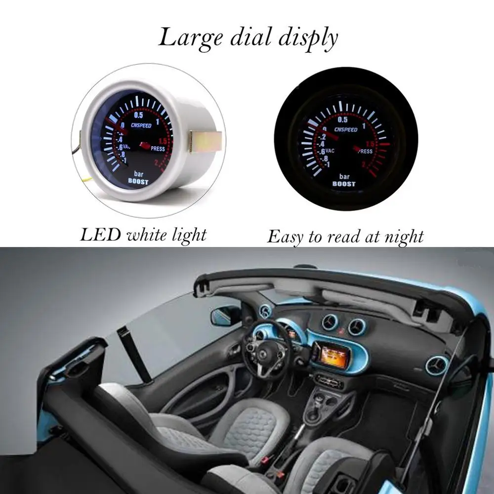 

CNSPEED YC101310 Digital Universal 52mm Car Turbo Boost Vacuum -1~2 BAR Gauge Press Pressure Gauge Pointer Meter Smoke Len LED
