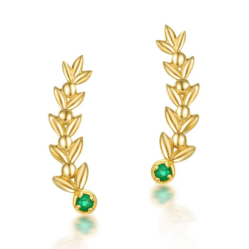 

Trendy Emerald Leaf Vine 14K True Real Yellow Gold Piercing Stud Earrings Row for Women Girl Fancy Upscale Office Jewelry Gift
