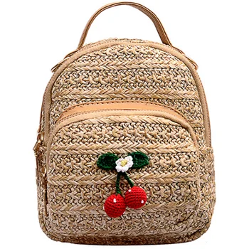

New Korean Version Of Straw Small Backpack Fashion Casual Backpack Wild Travel Backpack Cherry Khaki