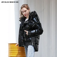 Бренд ZURICHOUSE, женский пуховик на утином пуху, зимняя парка с капюшоном, коллекция, серия для пар, модное свободное теплое глянцевое черное лазерное пуховое пальто