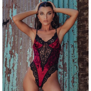 

ArtSu 2019 Winter Autumn Clothes New Wine Red Flannel Bodysuit Women Sexy Lace Hollow Ont Bodysuits Straps Catsuits ASJU60394