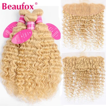 

Beaufox 613 Honey Blonde Deep Wave Bundles With Frontal Closure Malaysian Human Hair Weave Bundles With Lace Frontal Remy Hair