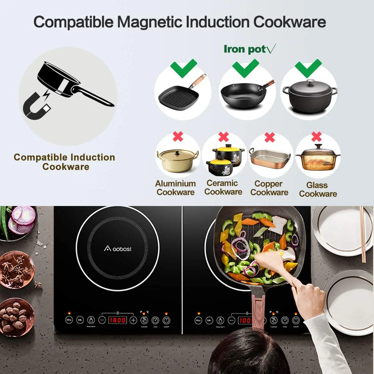 Aobosi 2 Stove Induction Hob Cooker Electric Sensor Control Panel 3500W  4-hour Timer Function Fan Cooling System Easy Button - AliExpress