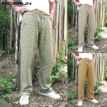 

INCERUN Vintage Pants Men Cotton Linen Casual Loose Solid Trousers Men Sweatpants 2020 Drawstring Pockets Men Straight Pants 5XL